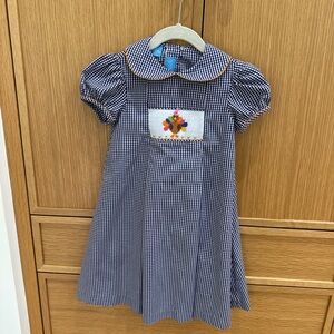 Anavini Navy Gingham Dress with Embroidered Turkey, Size 5